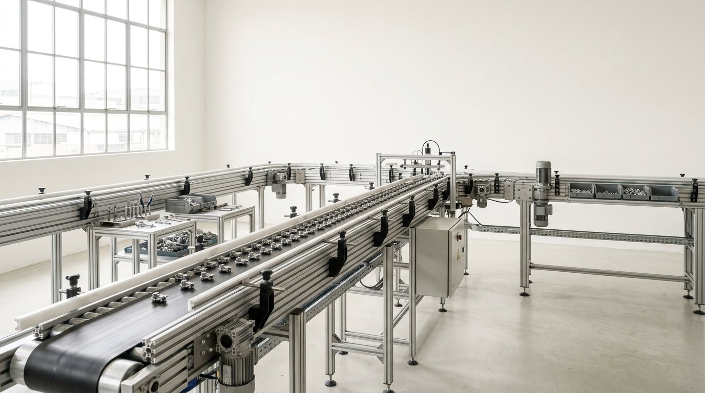 Linha de produção industrial com maquinário automatizado