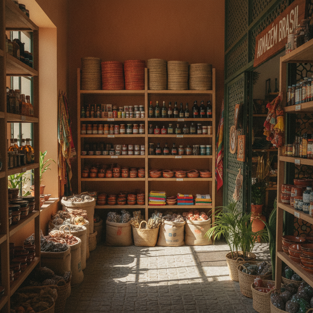 Prateleiras de loja varejista com produtos organizados e vitrine colorida