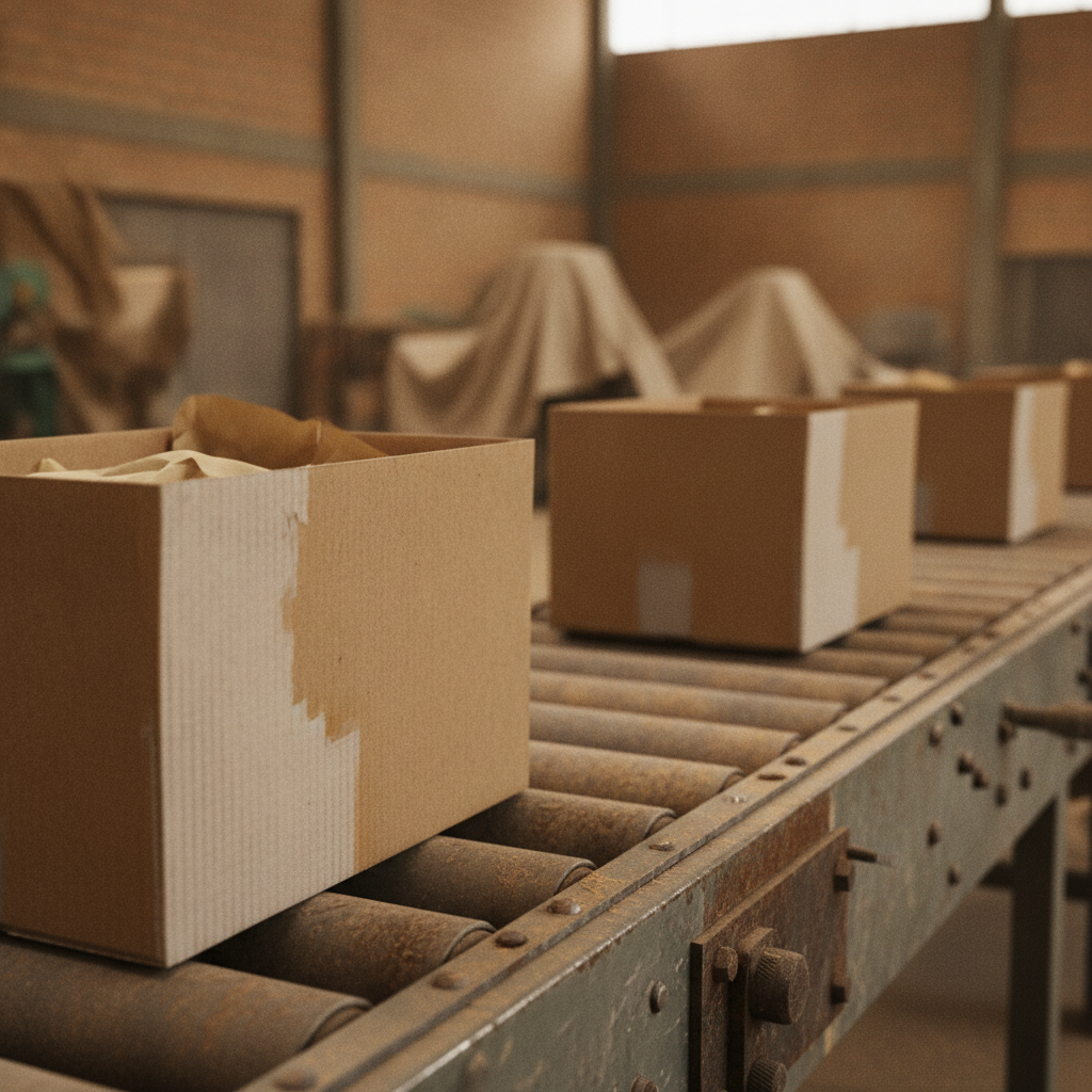 Esteira de produção industrial com caixas — volume e repetição