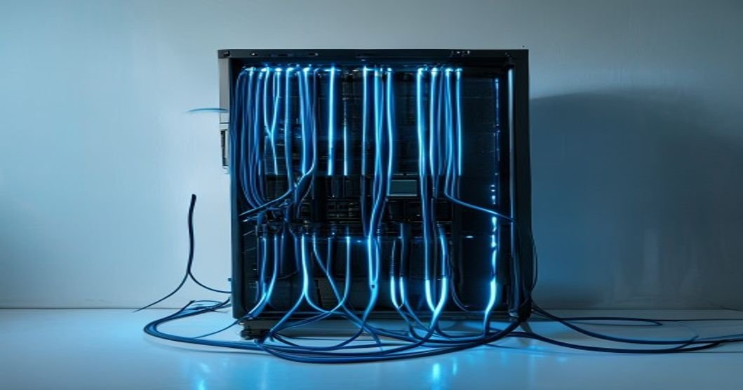 Cabos de fibra óptica em rack de servidores com luz azul