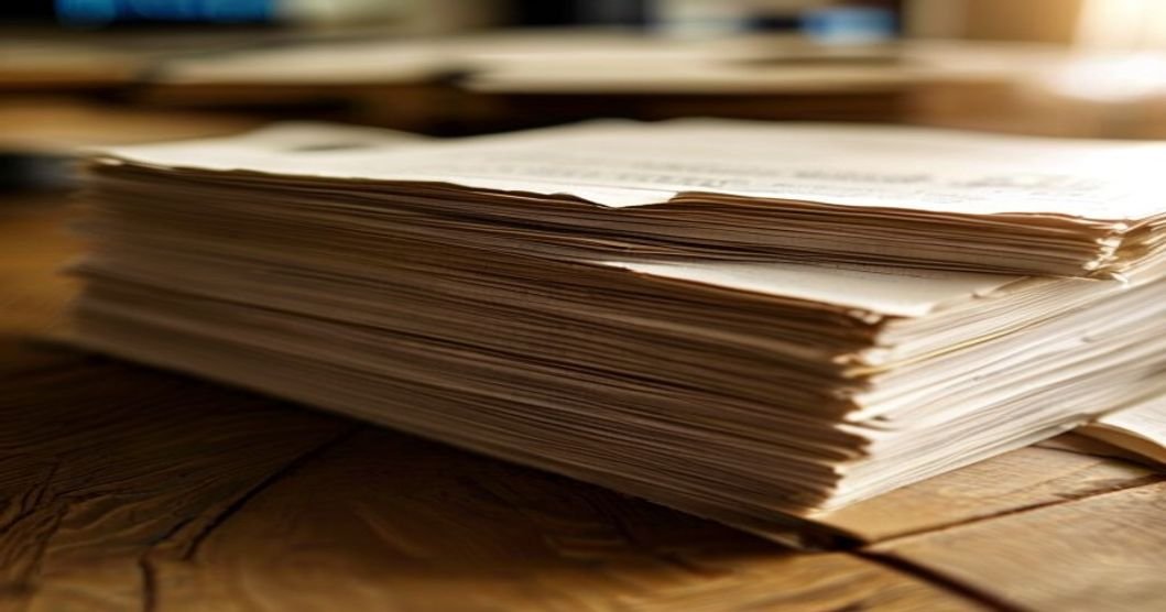 Pilha de currículos em papel sobre mesa de escritório, luz natural