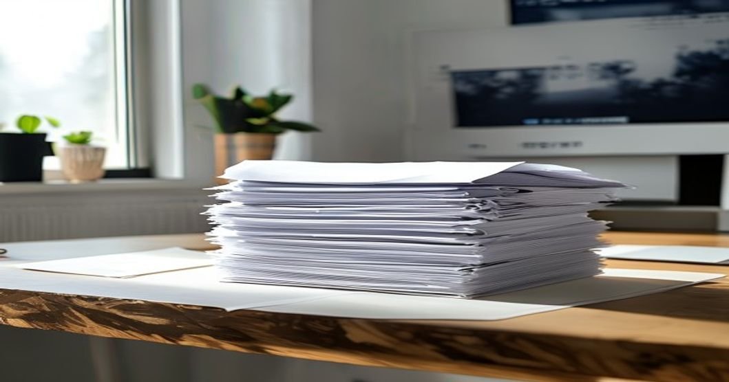 Pilha de faturas e notas fiscais sobre mesa de trabalho
