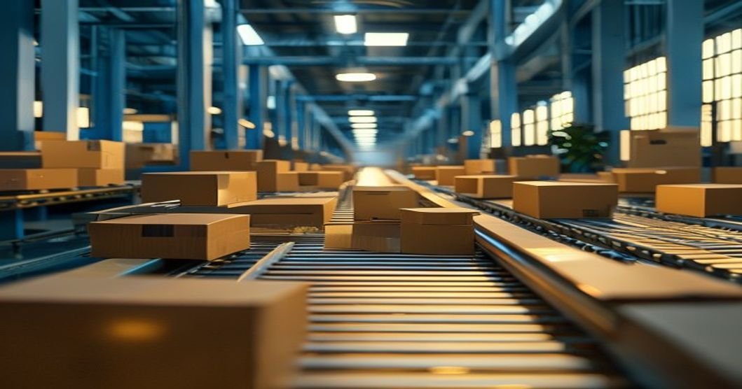 Esteira transportadora com caixas em linha de produção industrial