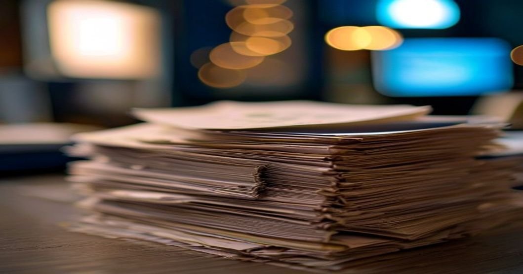 Pilha de faturas e documentos sobre mesa de escritório, luz natural