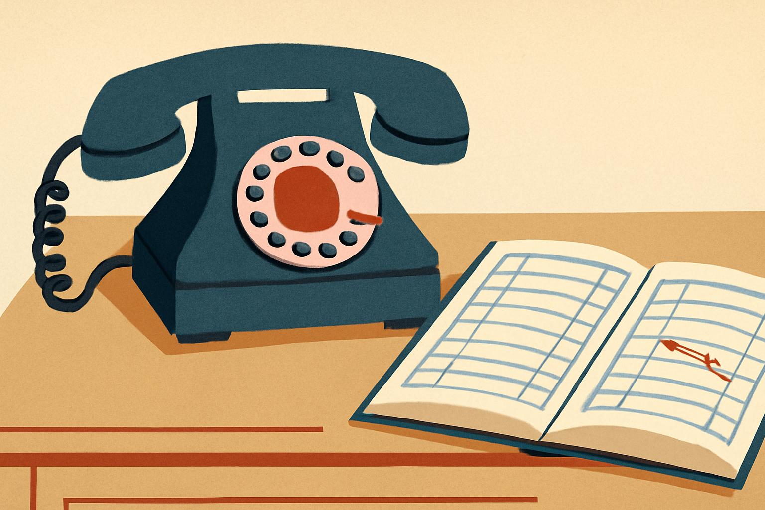 Telefone rotativo vintage sobre uma mesa de madeira com papéis antigos