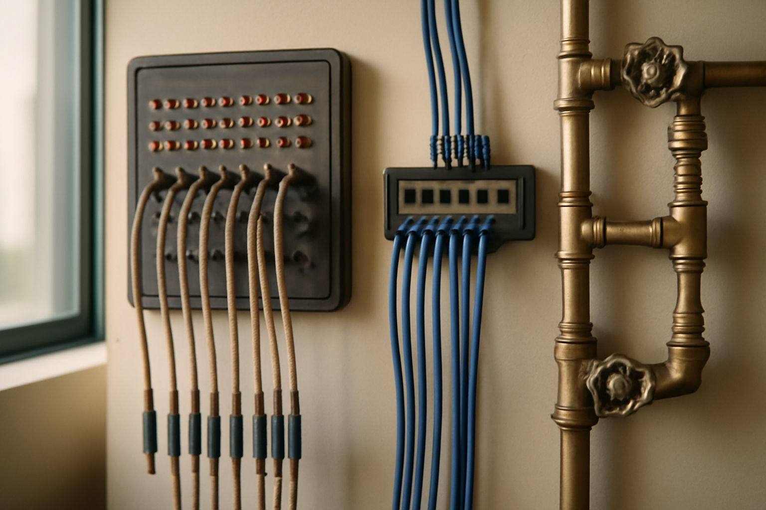 painel de comutação telefônica vintage com cabos de patch