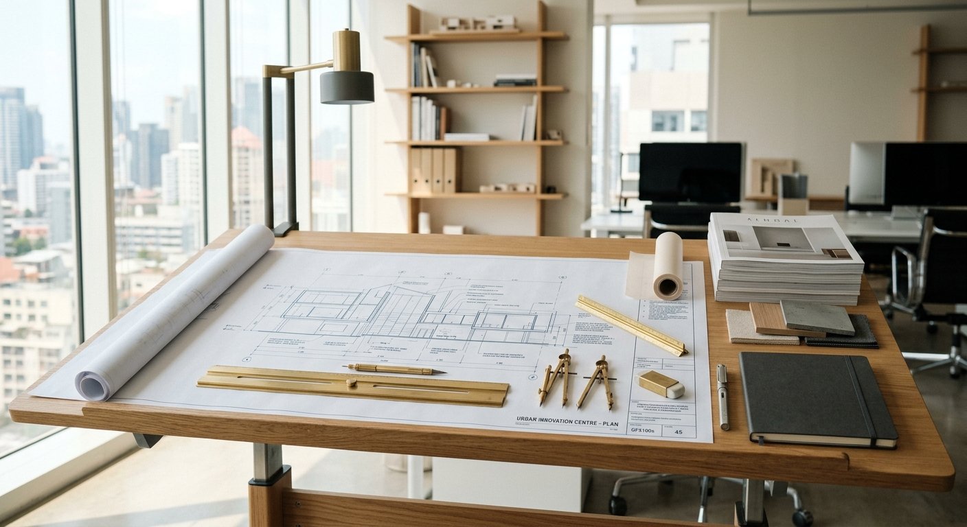 Planta técnica sobre mesa de arquiteto com ferramentas de medição