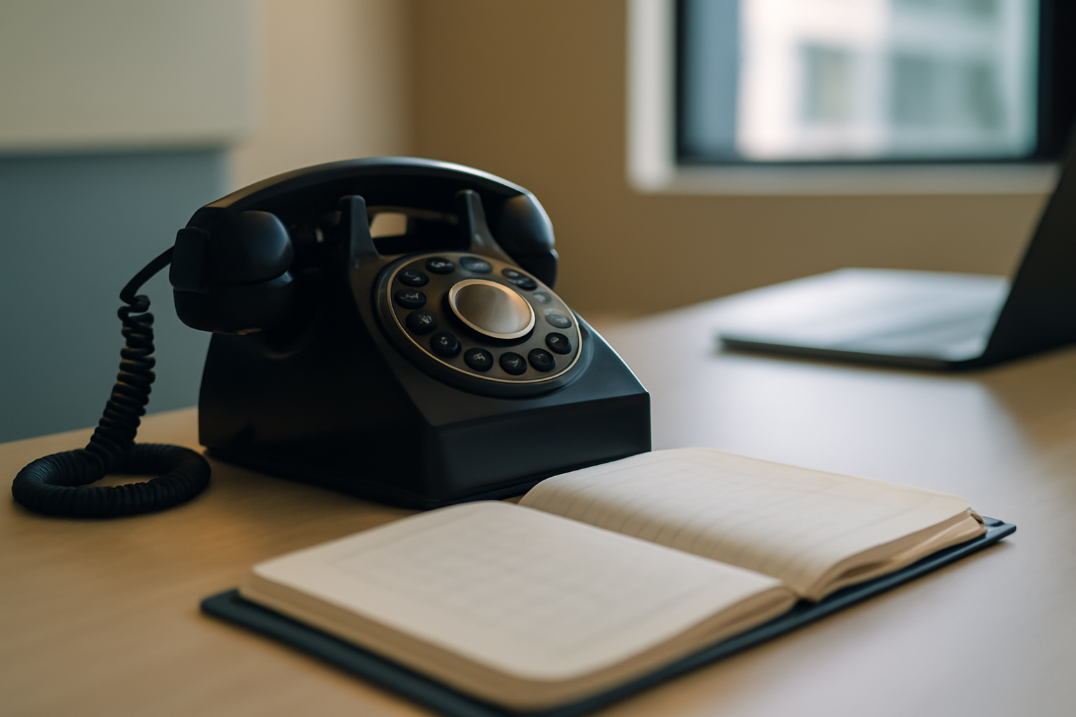 telefone rotativo vintage em mesa de madeira com papéis e caderno