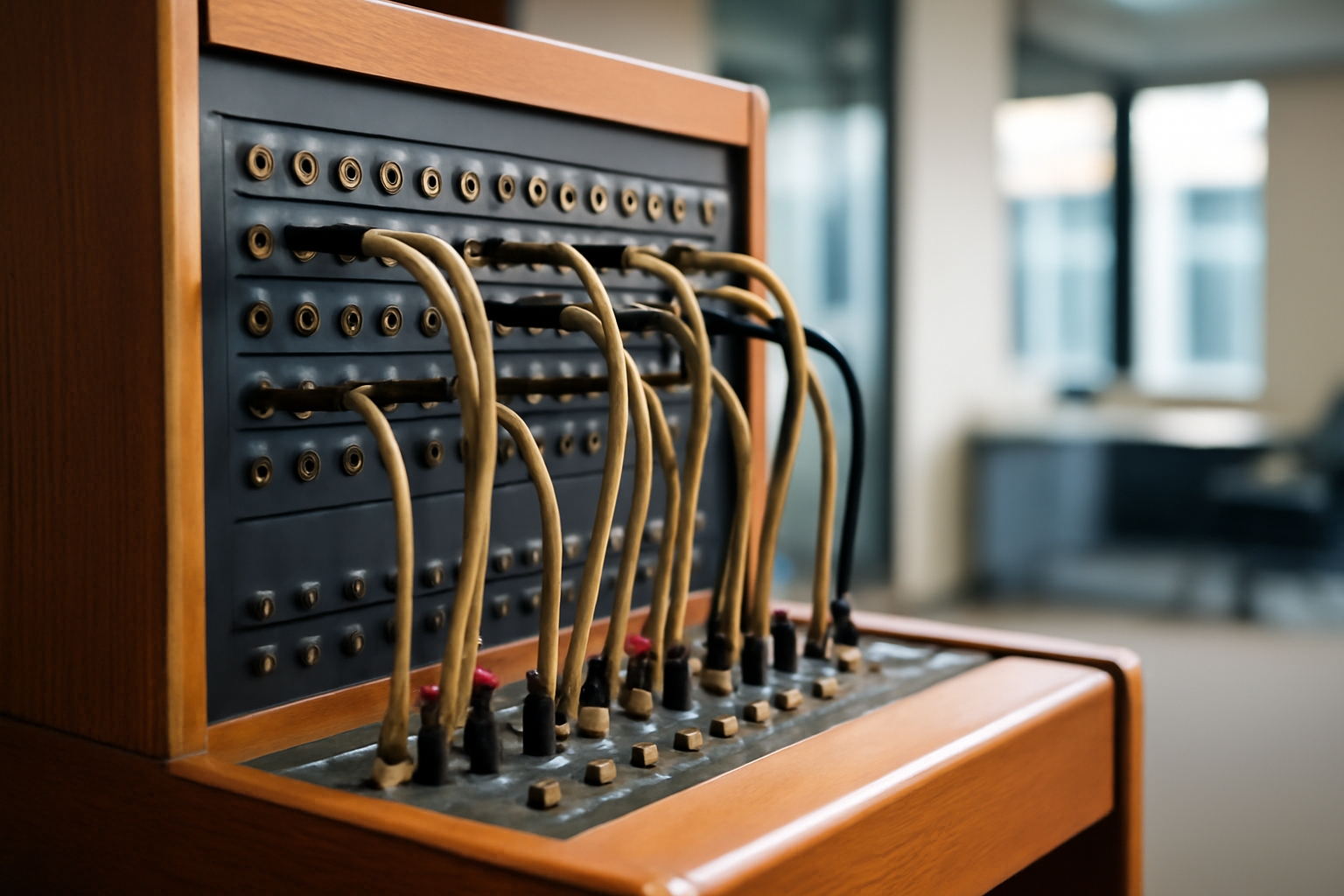 Painel de conexão de telefonia vintage com cabos de conexão em tons quentes.