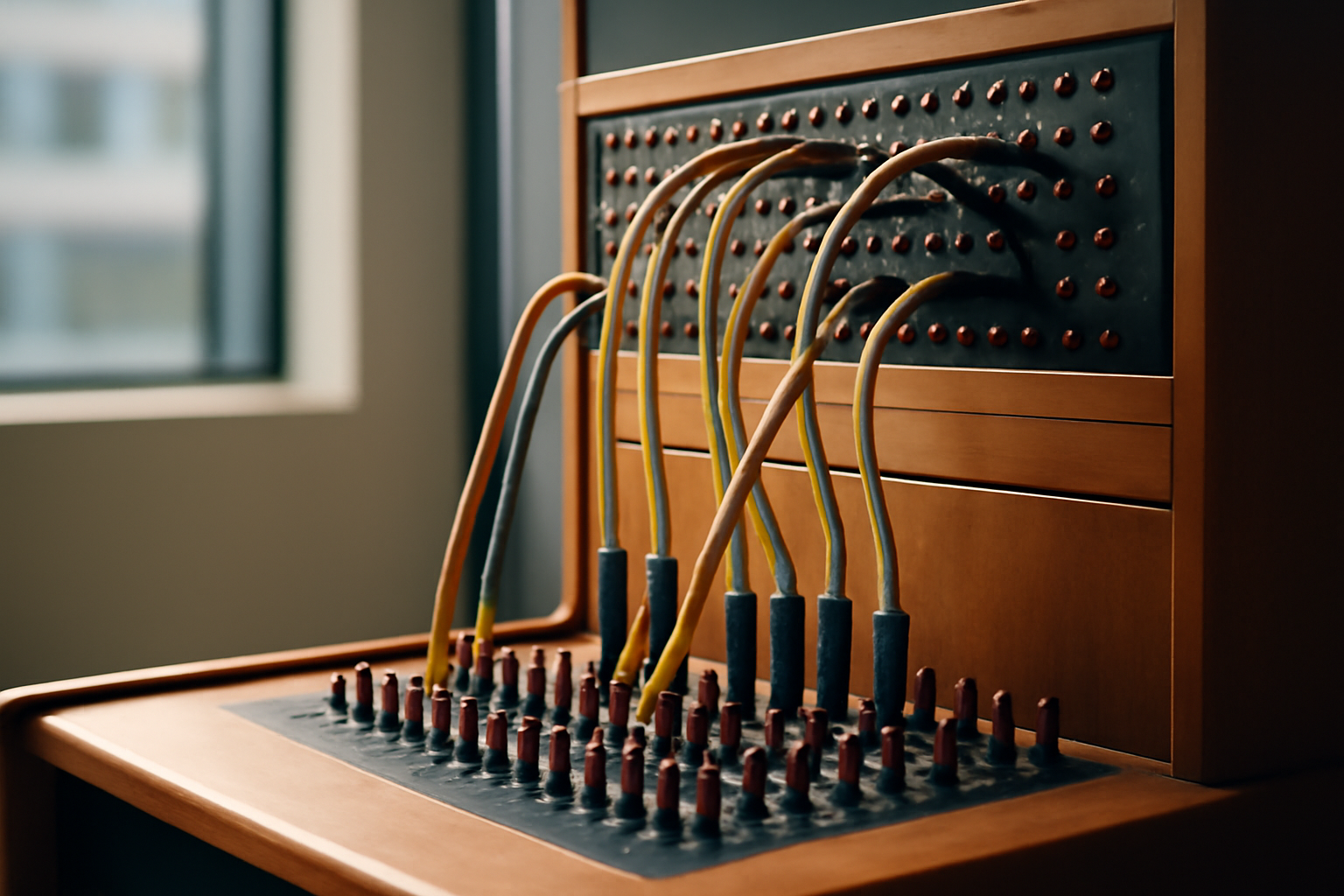 Switchboard vintage com cabos em um ambiente organizado e quente