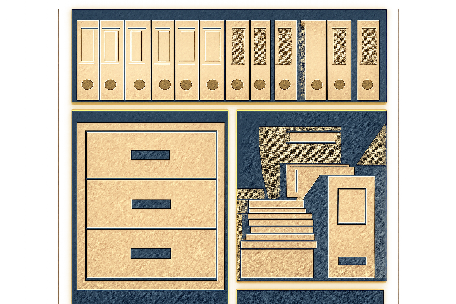 Prateleiras de biblioteca com fichários etiquetados e armário de arquivos
