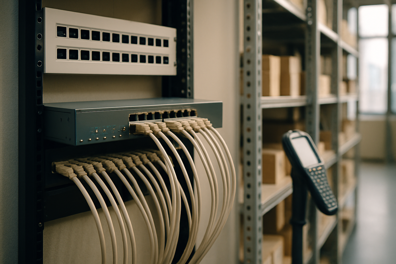 Painel de rede moderno com cabos Ethernet organizados