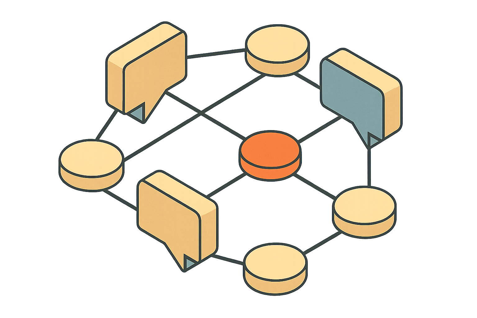 diagrama isométrico de fluxo de agentes de IA conectados
