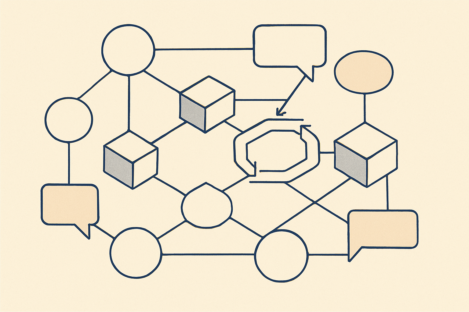 Diagrama de fluxo isométrico de nós conectados em projeto de IA