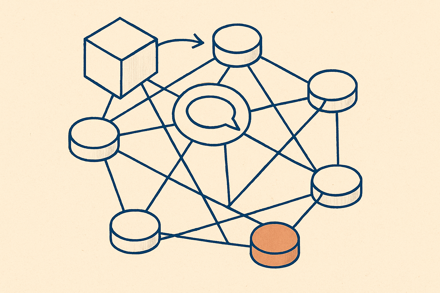 Diagrama isométrico de fluxo com nós conectados em estilo editorial.