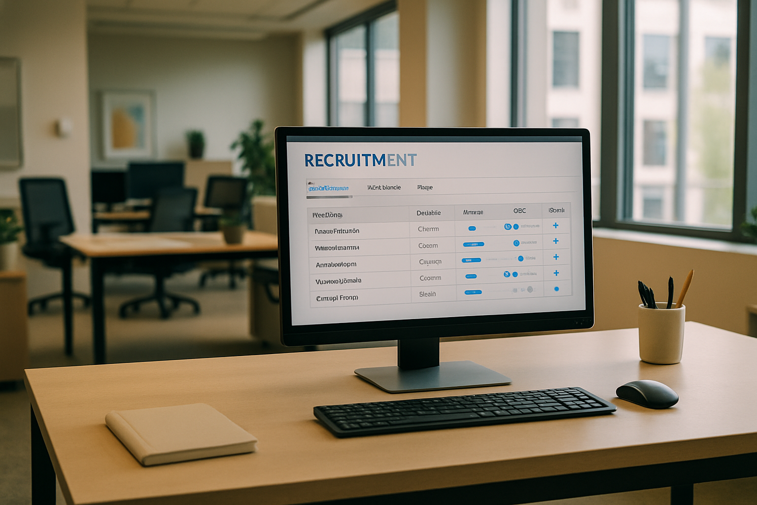 Mesa de escritório moderna com tela de software de recrutamento mostrando triagem de currículos.