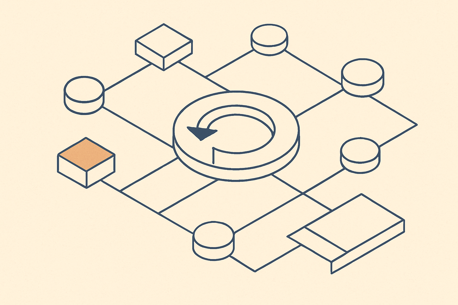 diagrama de fluxo isométrico de nós conectados, representando escalonamento de IA