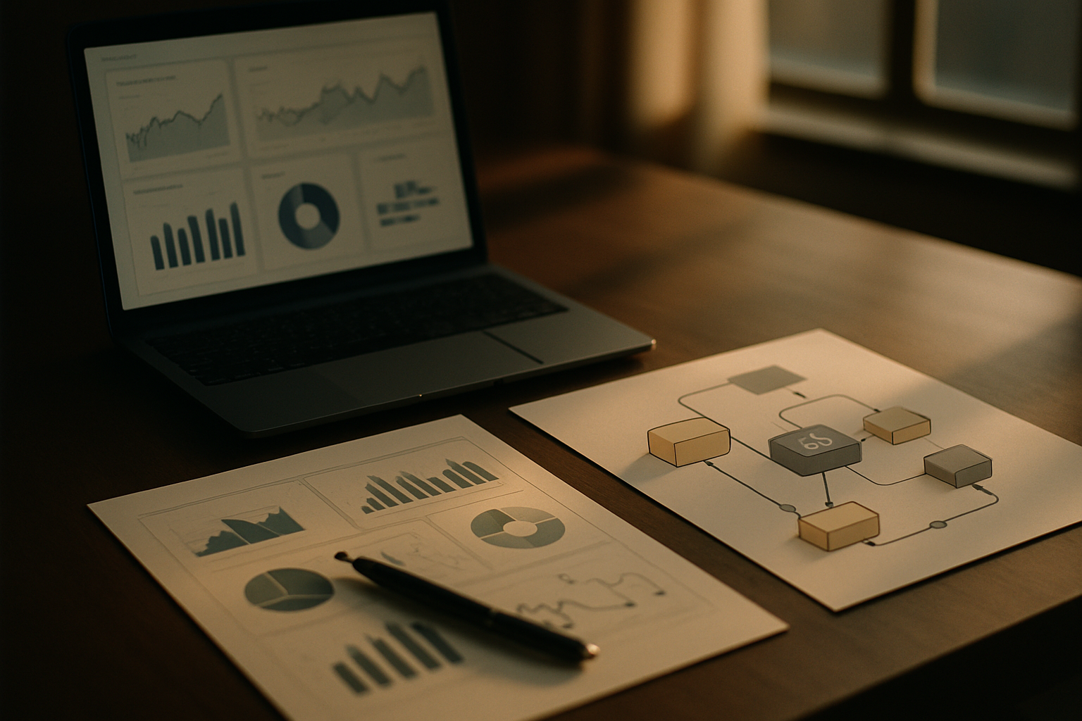 Um dashboard moderno com gráficos e relatórios em uma mesa de escritório