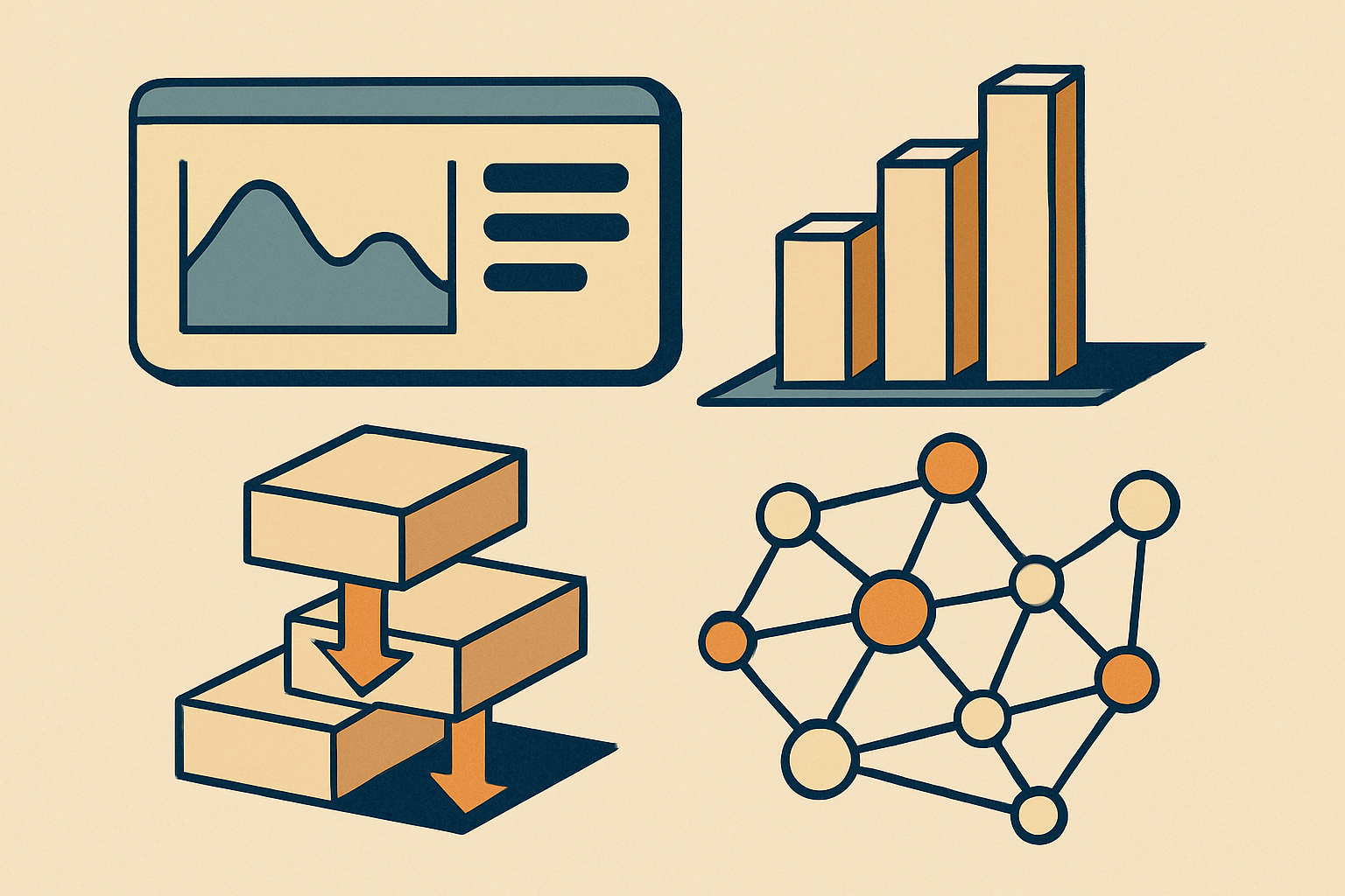 Ilustração de um painel de métricas com gráficos e diagramas interligados