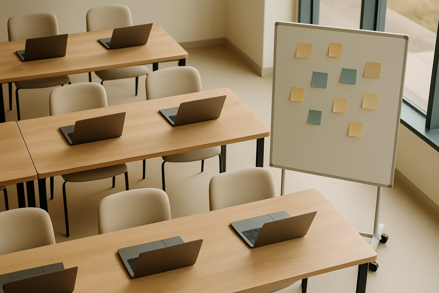 Sala de treinamento moderna com laptops e quadro branco com notas adesivas