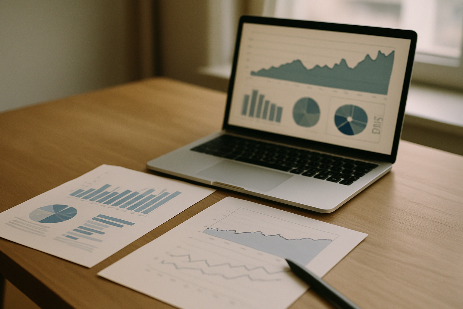 Mesa moderna com relatórios de dashboard impressos e caneta