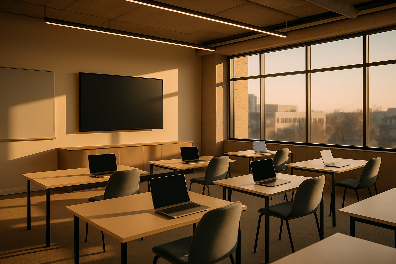 sala de treinamento moderna com laptops e apresentação em tela