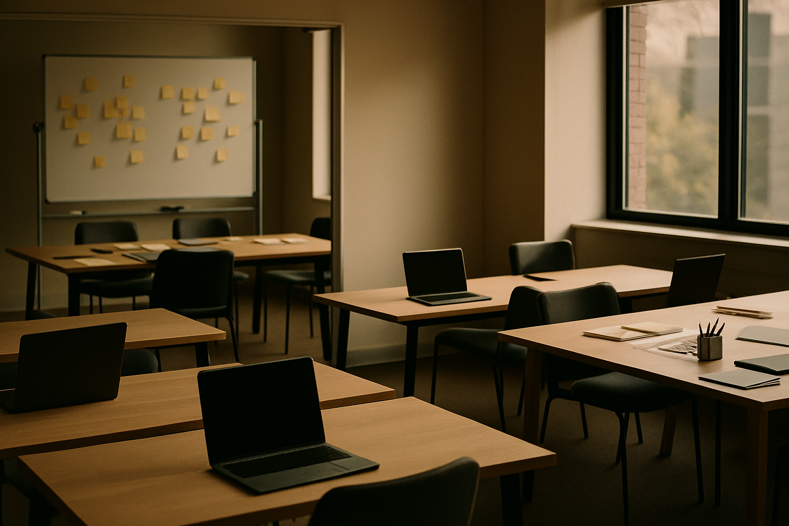 Sala de treinamento moderna com laptops e quadro branco